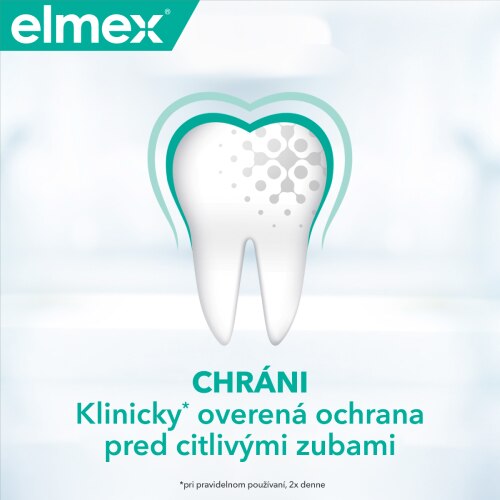 Ilustrácia zuba s popisom: CHRÁNI Klinicky* overená ochrana proti citlivosti zubov *Pri pravidelnom používaní, 2x denne 