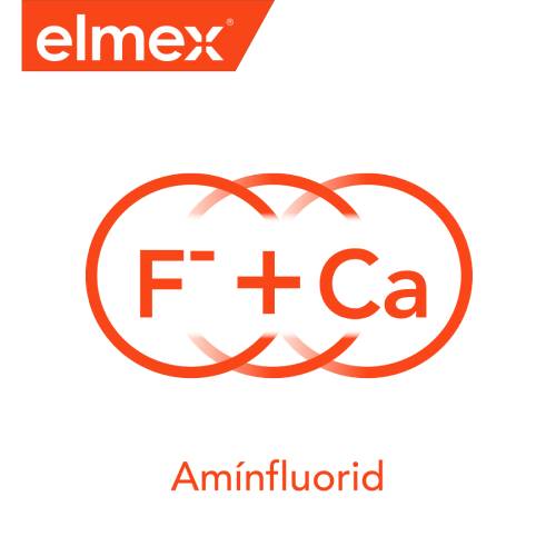 Logo zubnej pasty Elmex s formulou obsahujúcou fluorid a vápnik.