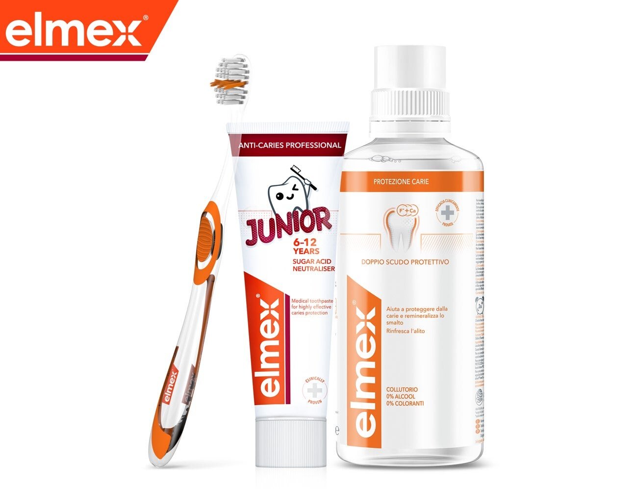 Produkty ústnej hygieny Elmex Junior pre deti: zubná kefka, zubná pasta a ústna voda.