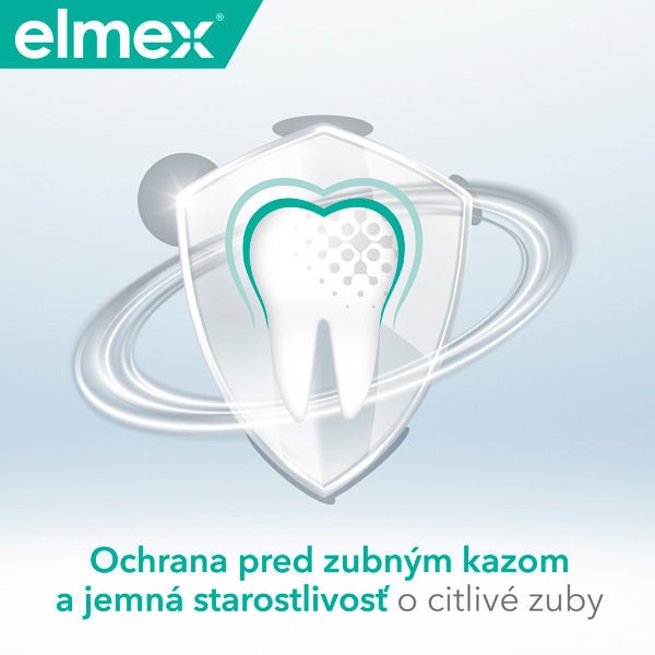 Logotyp značky Elmex s textom "Klinicky preukázané" a symbolom kríža.