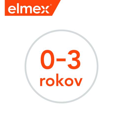 Logo značky Elmex s vekovým rozsahom 0-3 roky, čo naznačuje, že produkty sú určené pre starostlivosť o ústnu hygienu u malých detí.