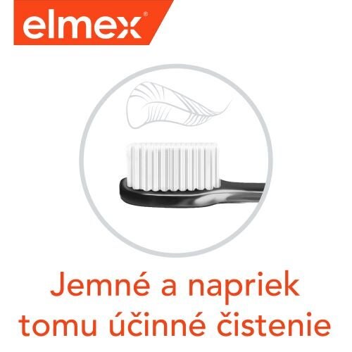 Zubná kefka Elmex s pastou, ilustrujúca jemné, ale účinné čistenie zubov.
