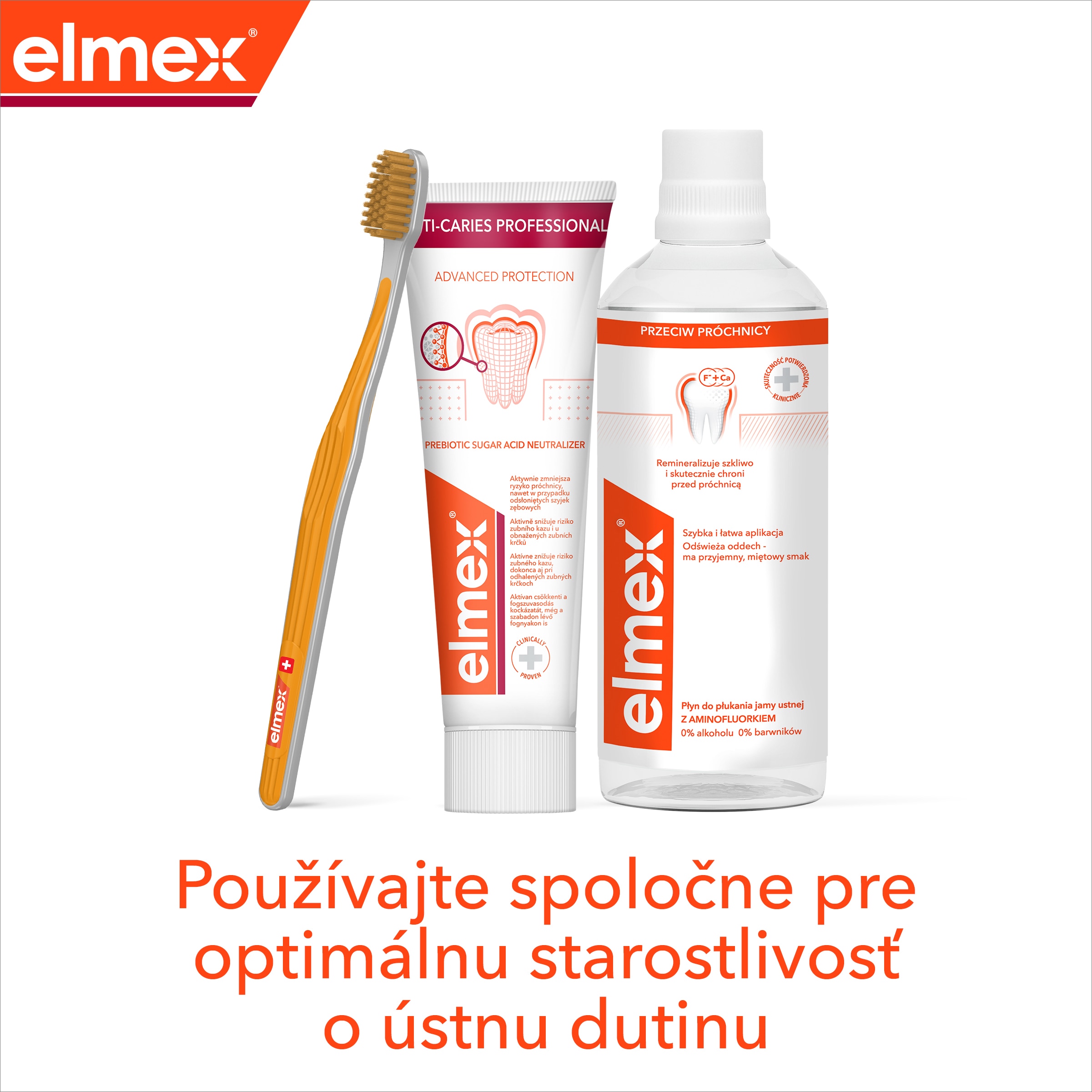 Ilustrácie režimu Anti-Caries- zubná pasta, ústna voda, zubná kefka 
