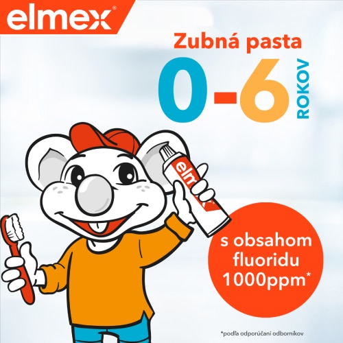 Myška elmex držiaca zubnú pastu spolu so zubnou kefkou a spomínaný vhodný vek užitia pre deti vo veku 0-6 rokov. Rovnako je tu tiež zmien obsah fluoridu v zubnej paste, ktorý je 1000ppm. 