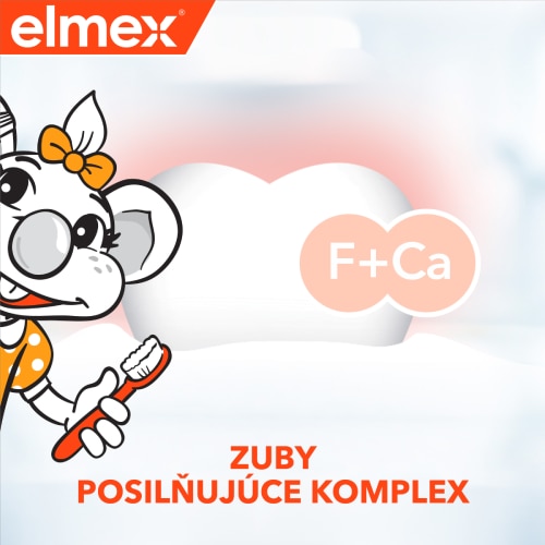 Myška elmex na obrázku spolu s ilustráciou zúbku a popisom: zuby posilňujúce komplex 