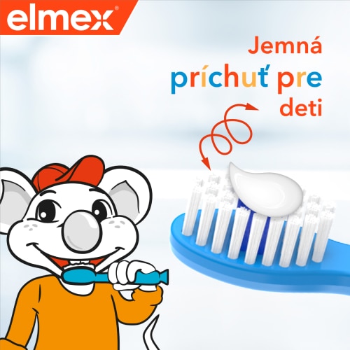 Myška elmex čistiaca si zuby spolu so zubnou kefkou a zubnou pastou na obrázku s popisom: jemná príchuť pre deti 