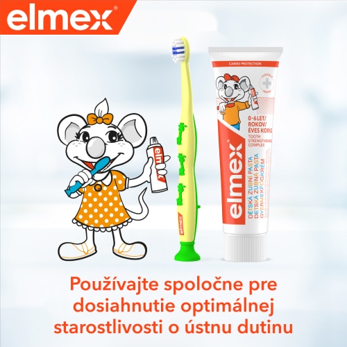 Režim elmex Kids s myškou čistiaci si zúbky spolu so zubnou pastou a kefkou 