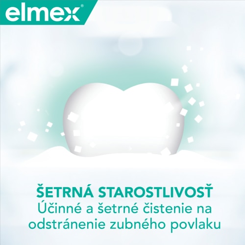 Ilustrácia zuba s popisom: ŠETRNÁ STAROSTLIVOSŤ Účinné a šetrné čistenie na odstránenie zubného povlaku 