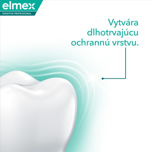 Schéma zuba ukazujúca, ako zubná pasta elmex vytvára dlhotrvajúcu ochrannú vrstvu. 