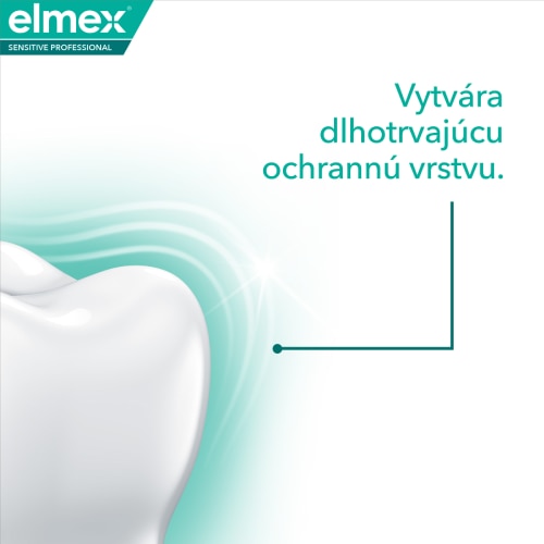 Schéma zuba ukazujúca, ako zubná pasta elmex vytvára dlhotrvajúcu ochrannú vrstvu. 