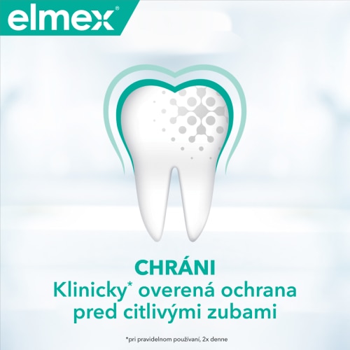Ilustrácia zuba s popisom: CHRÁNI Klinicky* overená ochrana proti citlivosti zubov *Pri pravidelnom používaní, 2x denne 