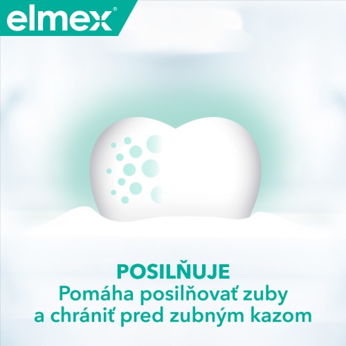 Ilustrácia zuba s popisom: POSILUJE Pomáha posilňovať zuby a chrániť ich pred zubným kazom 