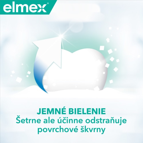 Ilustrácia zuba s popisom: JEMNÉ Bielenie - Šetrne ale účinne odstraňuje povrchové škvrny 