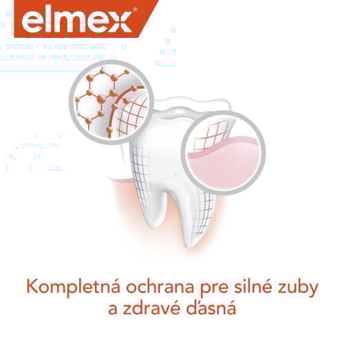 Ilustrácia zuba s ochranným účinkom Elmex zubnej pasty.