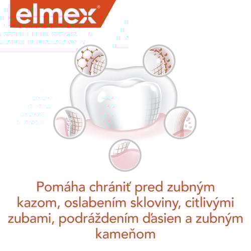 Ilustrácia zuba s popisom, že zubná pasta chráni pred zubným kazom a problémami s ďasnami.