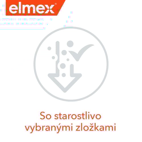 Logo značky elmex s piktogramom ochrany zubov a textom o starostlivo vybraných zložkách.