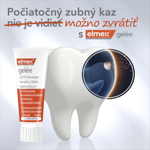 Zubná kefka s pastou na zuby elmex gél s novou príchuťou.