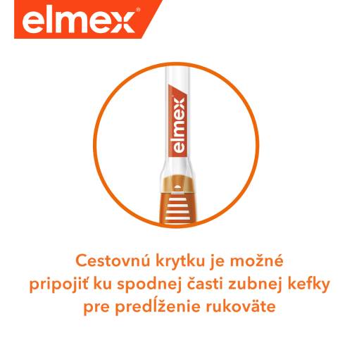 Zubná kefka Elmex so špeciálnym cestovným krytom, ktorý slúži aj ako predlženie rukoväte.
