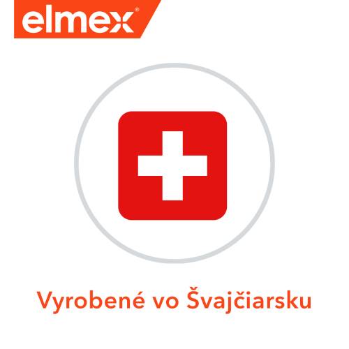 Logo značky Elmex s Švajčiarskym krížom a textom "Vyrobené vo Švajčiarsku".