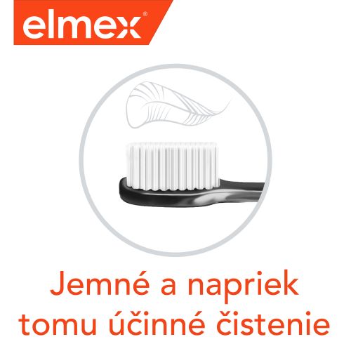Zubná kefka Elmex s pastou, ilustrujúca jemné, ale účinné čistenie zubov.