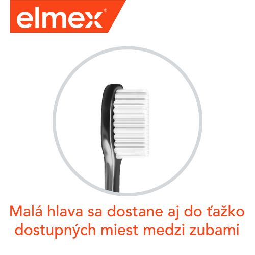 Zubná kefka značky Elmex so špeciálnym dizajnom pre ľahší prístup k medzizubným priestorom.