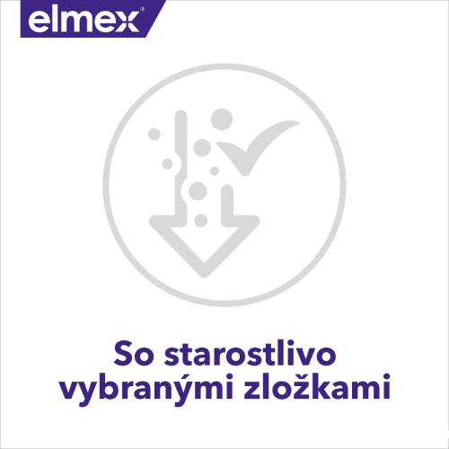 Logo značky elmex s piktogramom ochrany zubov a textom o starostlivo vybraných zložkách.