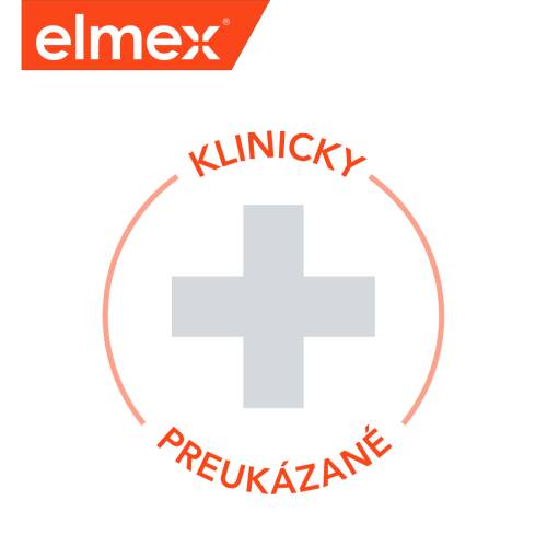 Logotyp značky Elmex s textom "Klinicky preukázané" a symbolom kríža.
