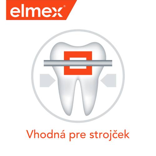 Ilustrácia zubu s ortodontickým aparátom a zubnou kefkou od elmex, vhodná pre ľudí s rovnátkami.