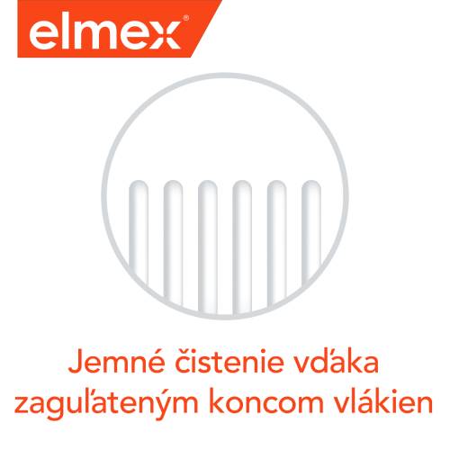 Logo zubnej kefky Elmex s popisom: Jemné čistenie vďaka zaobleným koncom vlákien.