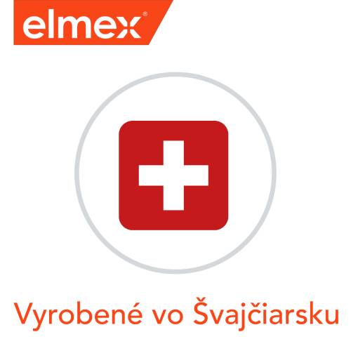 Logo značky Elmex s Švajčiarskym krížom a textom "Vyrobené vo Švajčiarsku".