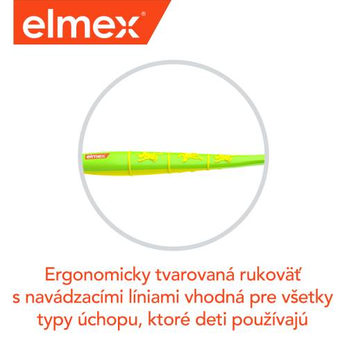 Ergonomicky navrhnutá detská zubná kefka Elmex so špeciálnymi líniami pre lepšie uchopenie.