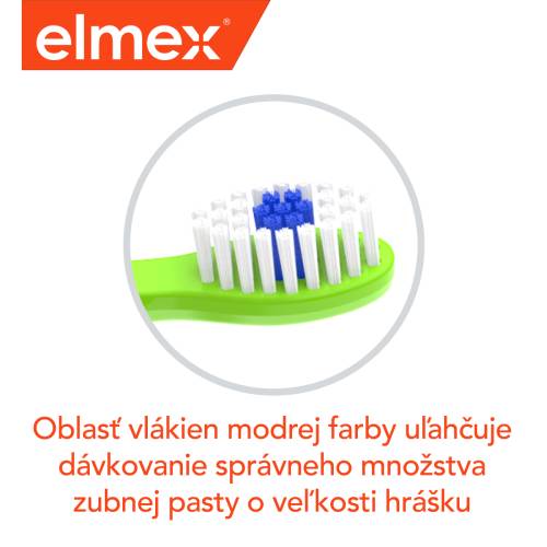 Zelená zubná kefka so špeciálnymi modrými vláknami na odmeranie množstva zubnej pasty.