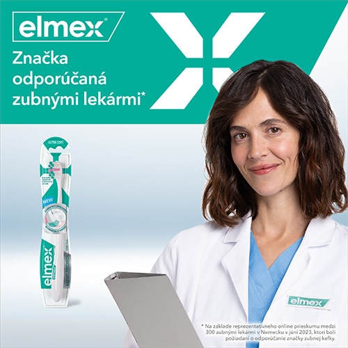 Logo značky Elmex s Švajčiarskym krížom a textom "Vyrobené vo Švajčiarsku".