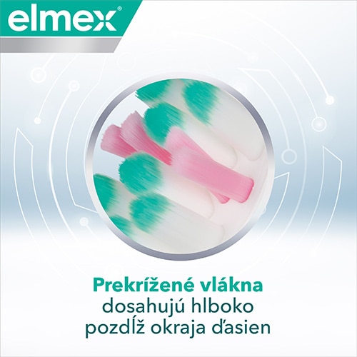 Zubná kefka značky Elmex s nápisom "Jemné čistenie".