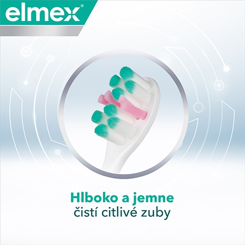 Zubná kefka Elmex so špeciálnymi mäkkými vláknami pre citlivé zuby.