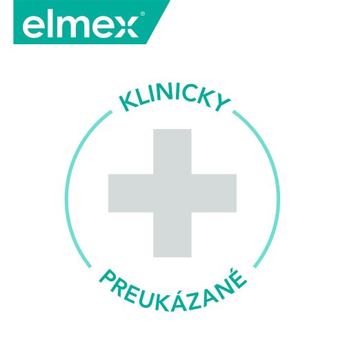 Logotyp značky Elmex s textom "Klinicky preukázané" a symbolom kríža.