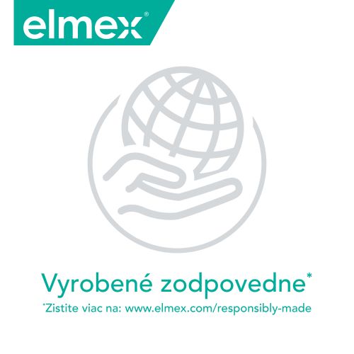 Logo značky Elmex s emblémom zemegule a rukou, odkazujúci na zodpovednú výrobu.