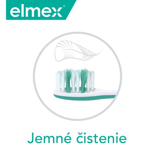 Zubná kefka značky Elmex s nápisom "Jemné čistenie".