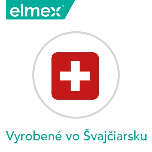 Logo značky Elmex s Švajčiarskym krížom a textom "Vyrobené vo Švajčiarsku".